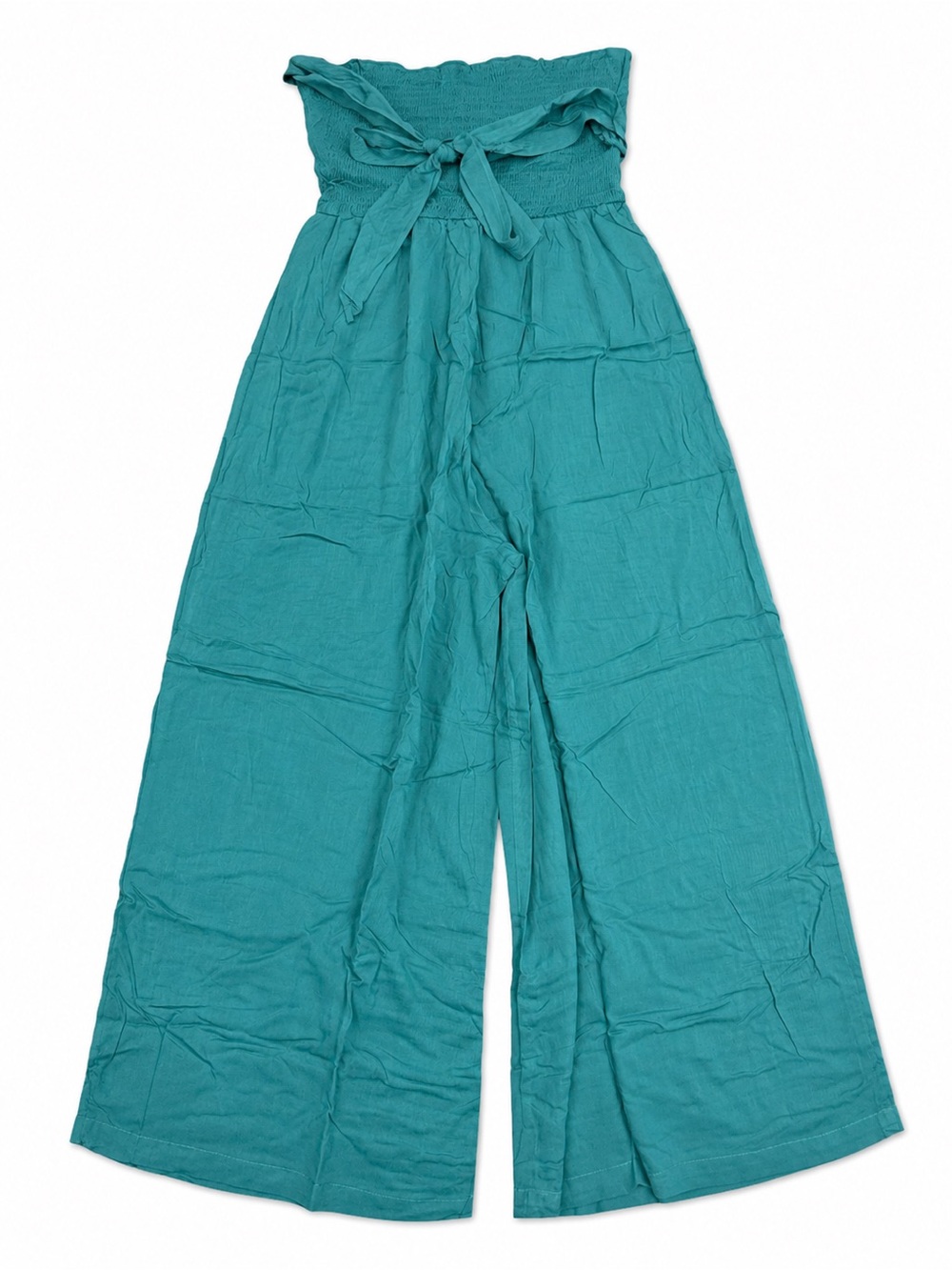 Cupshe Teal Strapless Wide-Leg Jumpsuit with Tie Waist